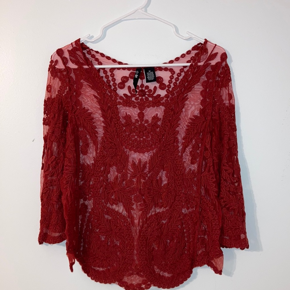 Boho Orange 3/4 Sleeve Mesh Embroidered Top Size M